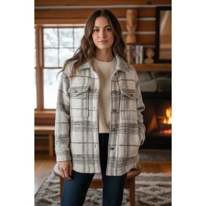 Banana Republic Plaid Shacket Oversized Wool Blend Oatmeal XXS Petite